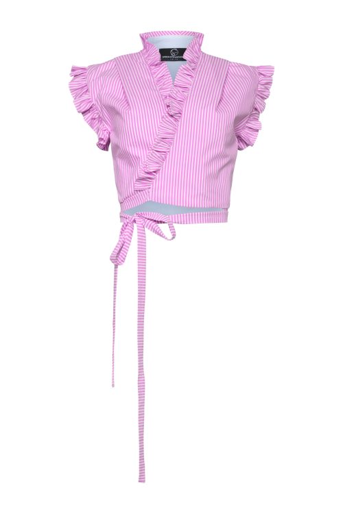V-neck Ruffled Crop Top ST-6055 Pink Stripe - Image 2