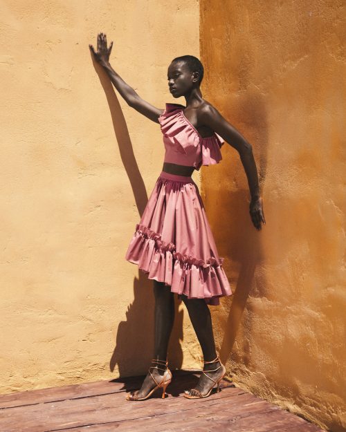 Asymmetric Skirt with Ruffles ST-6042 Rotten Apple - Image 1