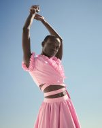 V-neck Ruffled Crop Top ST-6055 Pink Stripe