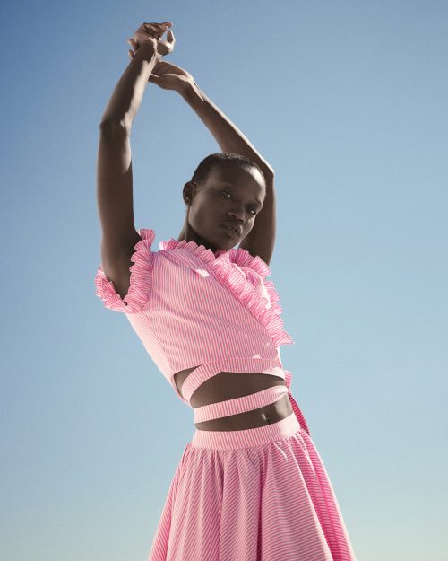 V-neck Ruffled Crop Top ST-6055 Pink Stripe - Image 1