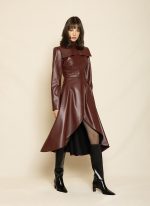 Structured Leather High - Low Dress ST-0135 Bordo - Image 2