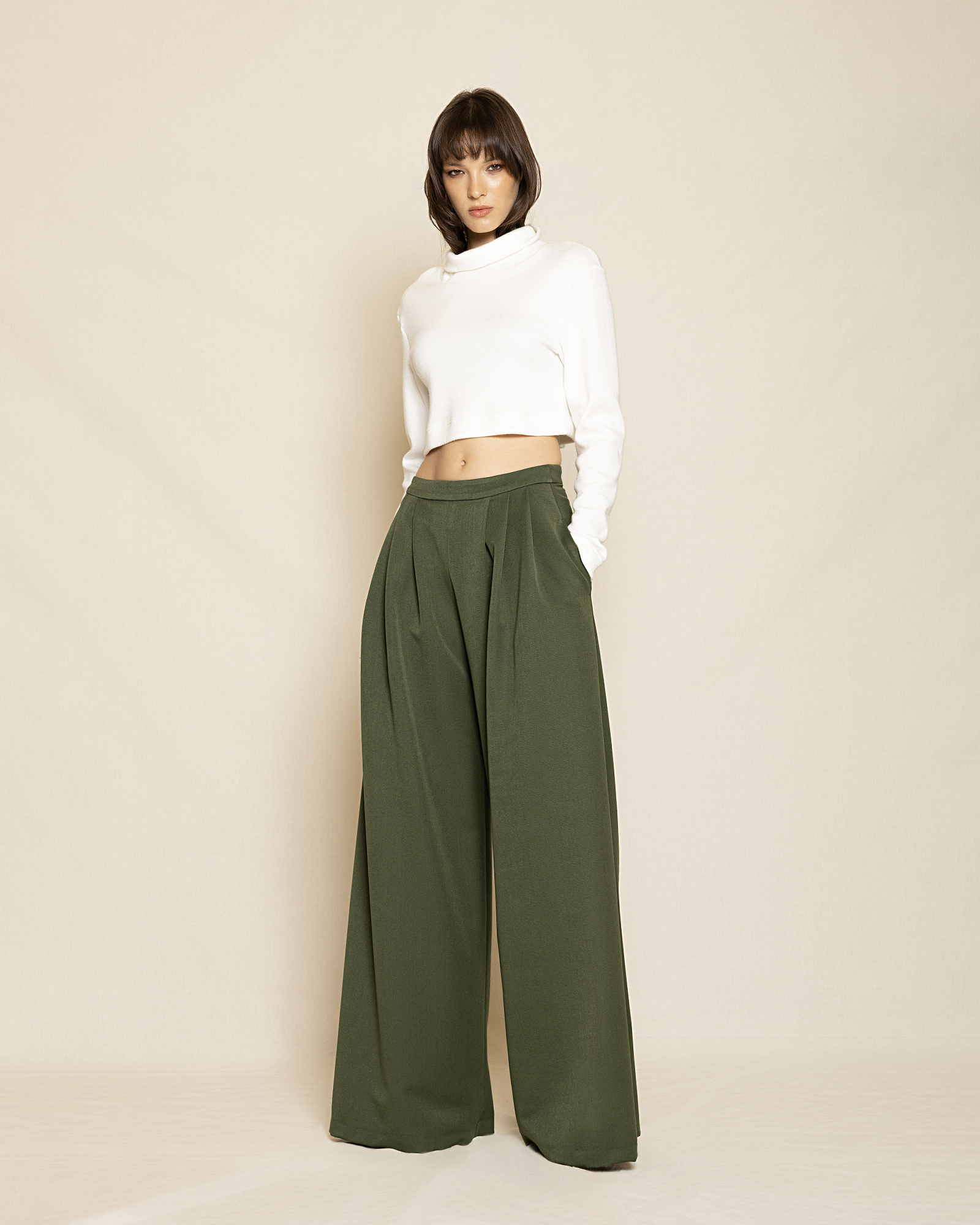 0142 High - Waist Wide - Leg Trousers ST-0142 Green - Image 1