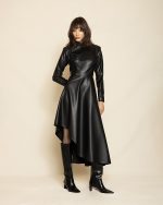 High - Neck Leather Asymmetric Dress ST-0120 Black