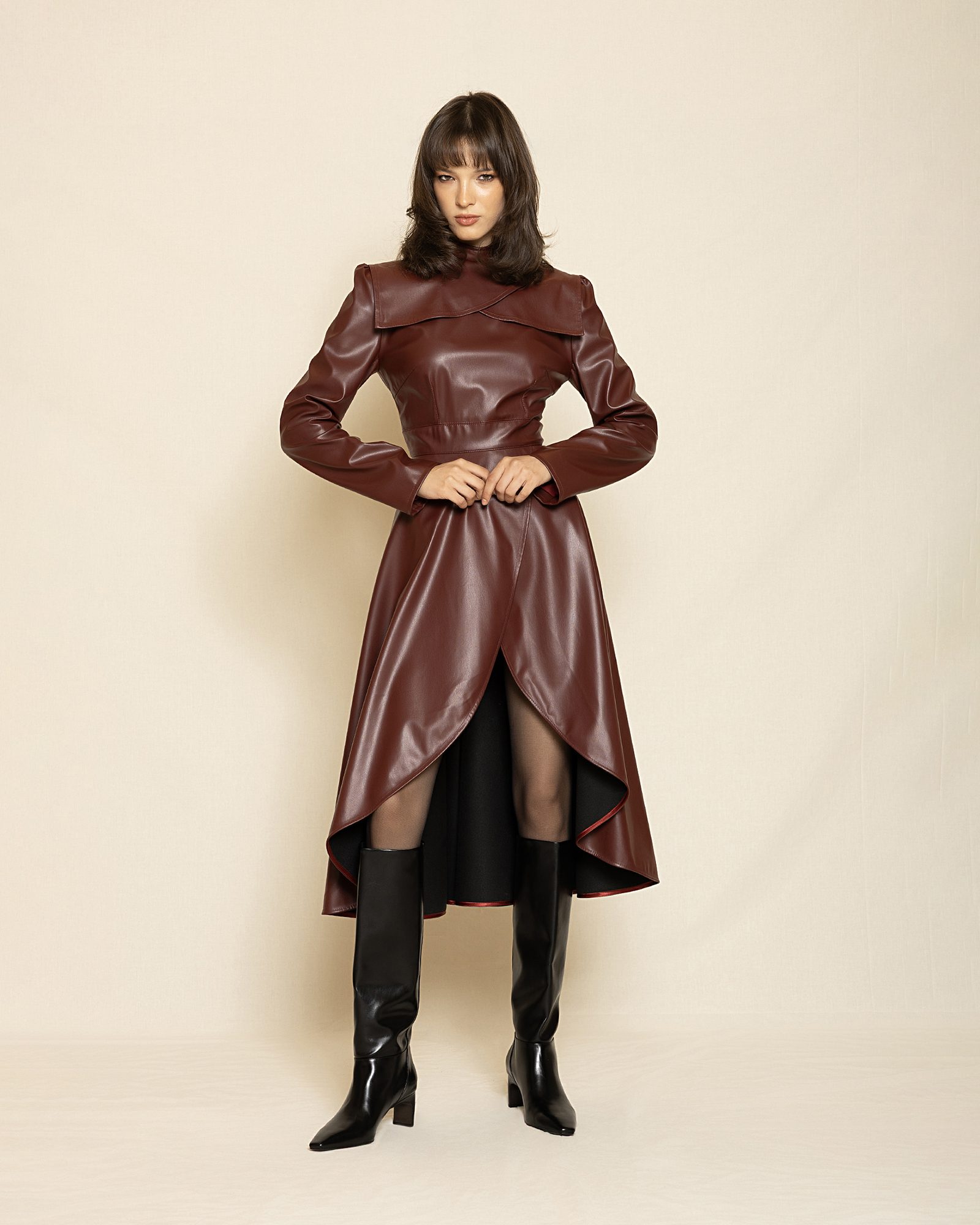 light brown Structured Leather High - Low Dress ST-0135 Bordo - Image 1