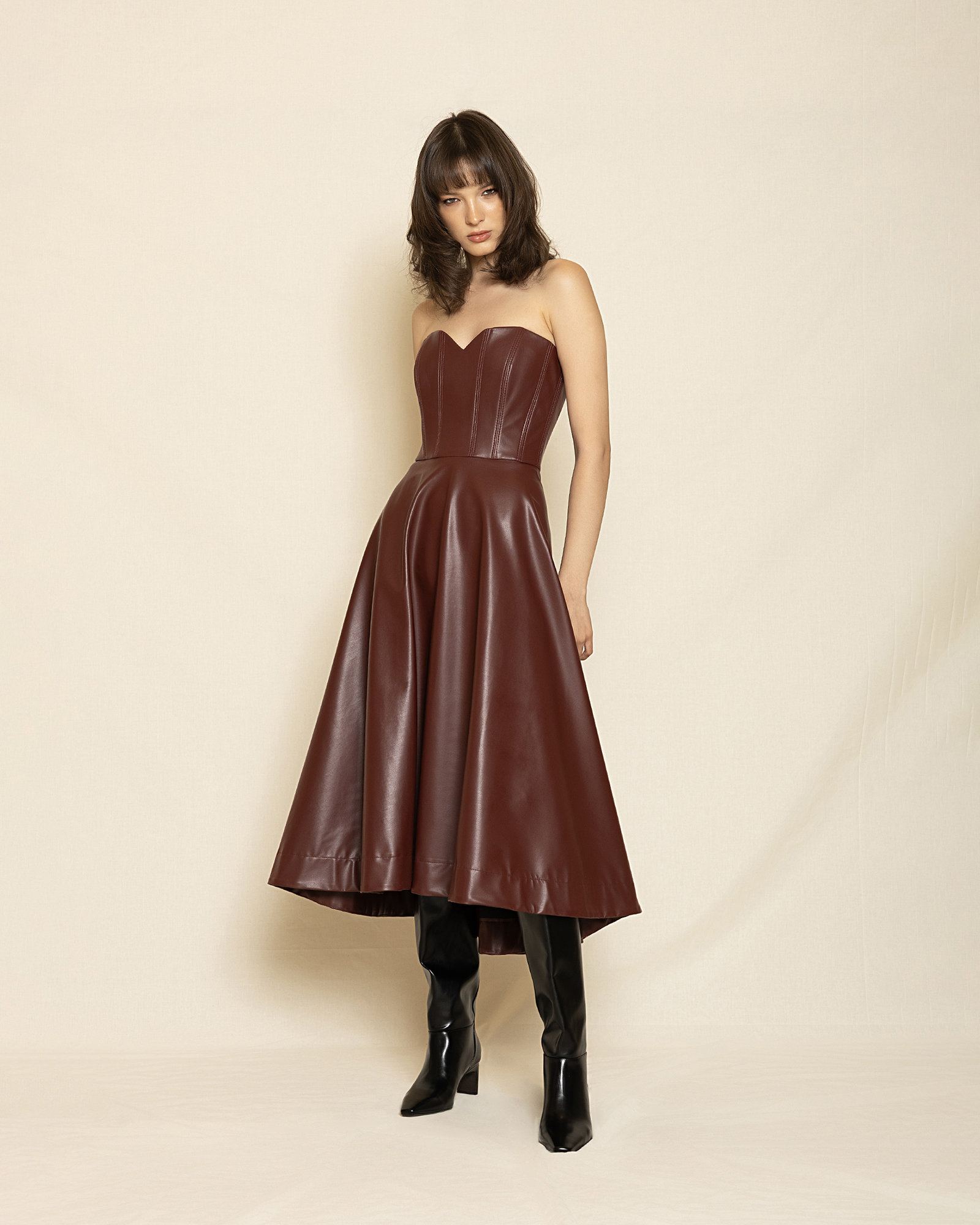 light brown Strapless Leather Corset Midi Dress ST-0116 Bordo - Image 1