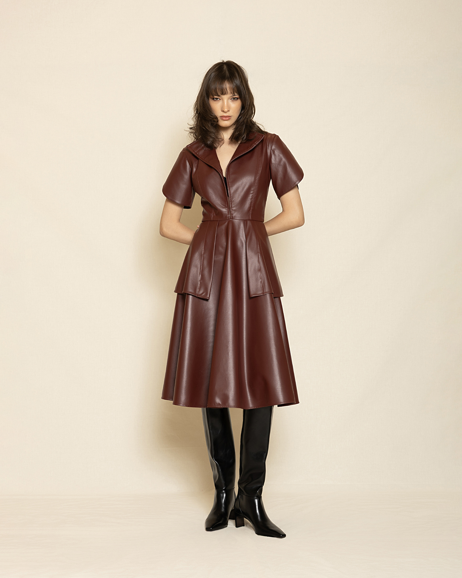 light brown_1 Leather Shirt Dress with Flared Hem ST-0128 Bordo - Image 1