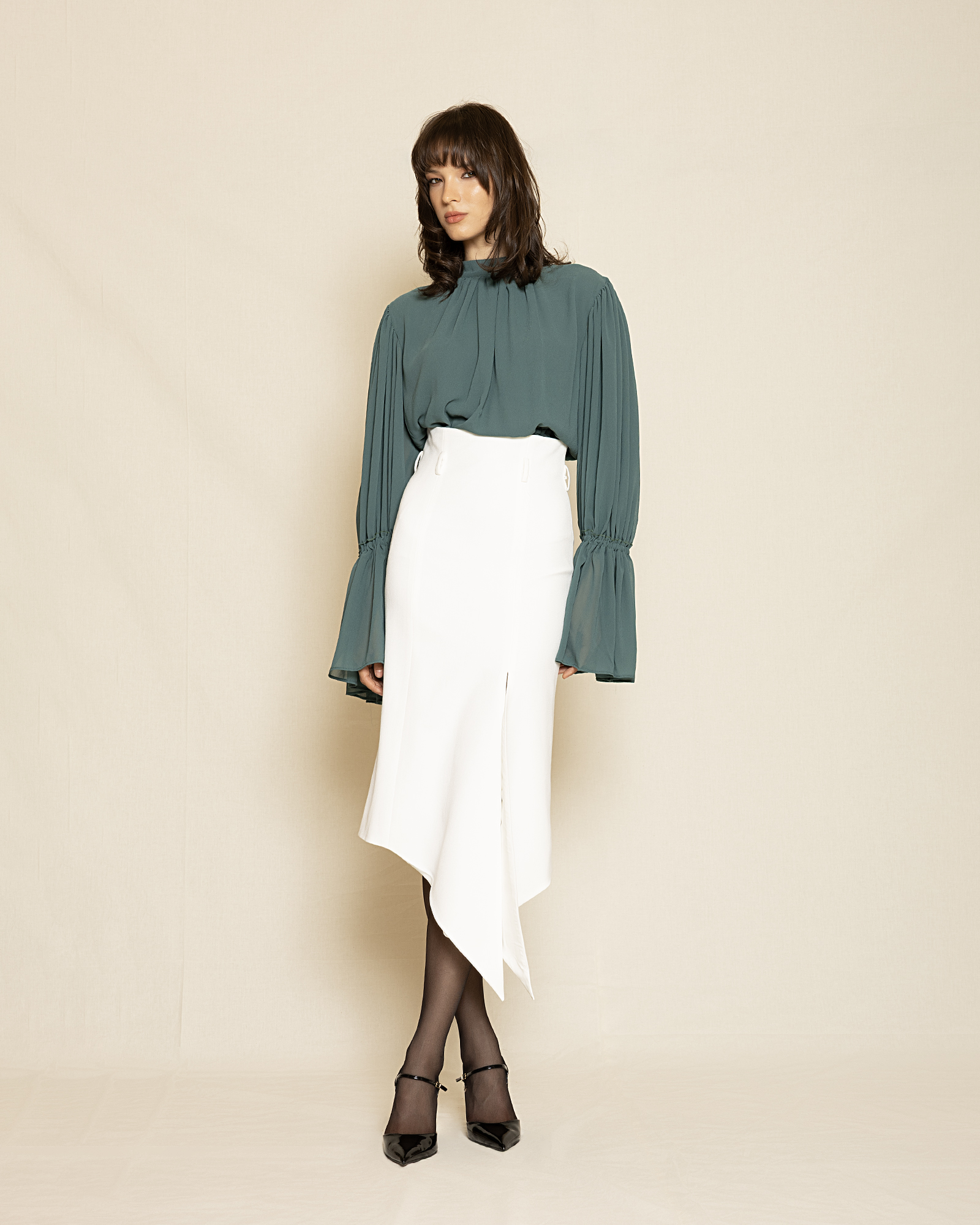 stefanoudakis_2025090617310 Elegant Blouse with Statement Bell Sleeves ST-0162 Sage Green - Image 1