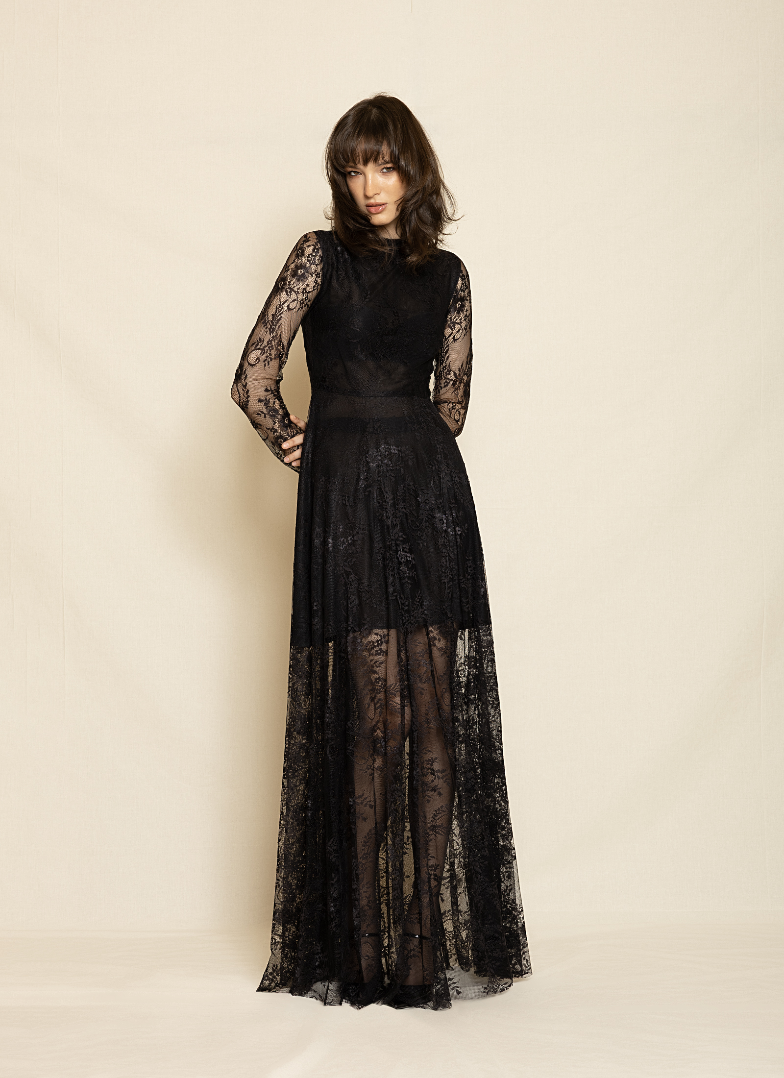 0112 Sheer Lace Gown ST-0112 Black - Image 1
