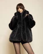Fur Coat with Lapel Collar ST-0174 Black