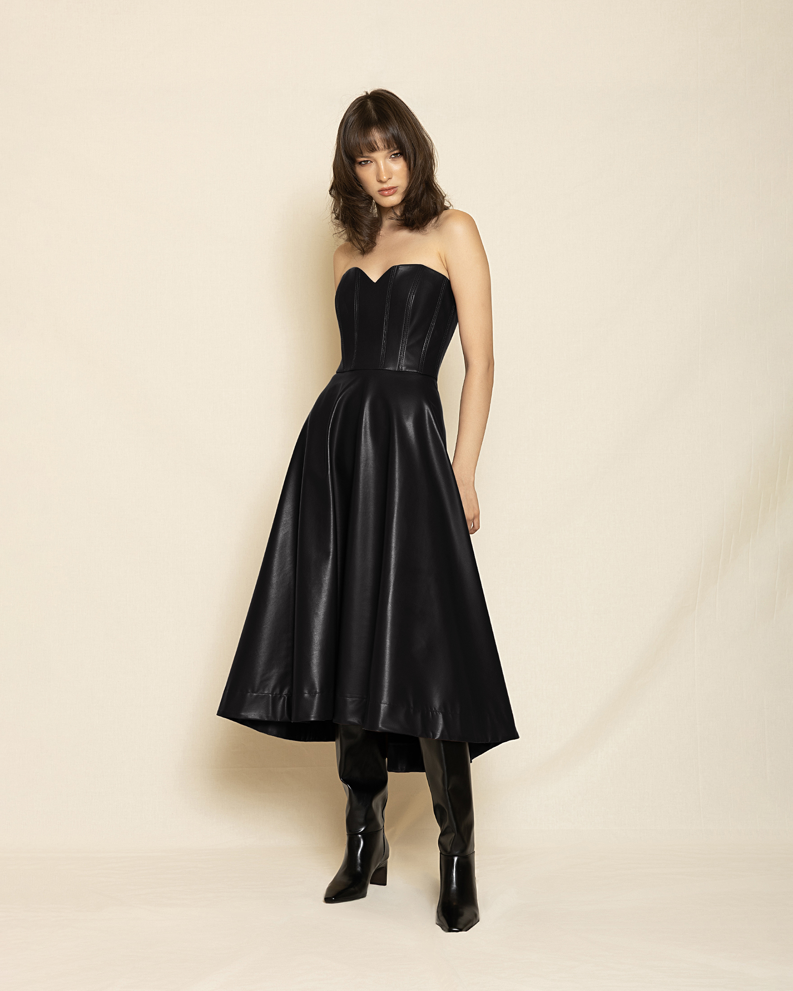 Black_1 Strapless Leather Corset Midi Dress ST-0116 Black - Image 1
