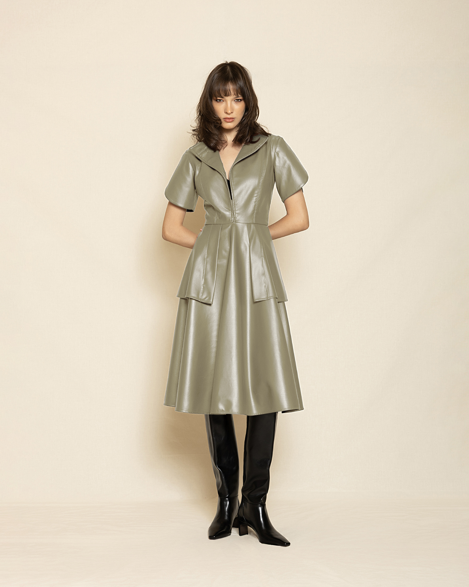 beige Leather Shirt Dress with Flared Hem ST-0128 Olive Green - Image 1