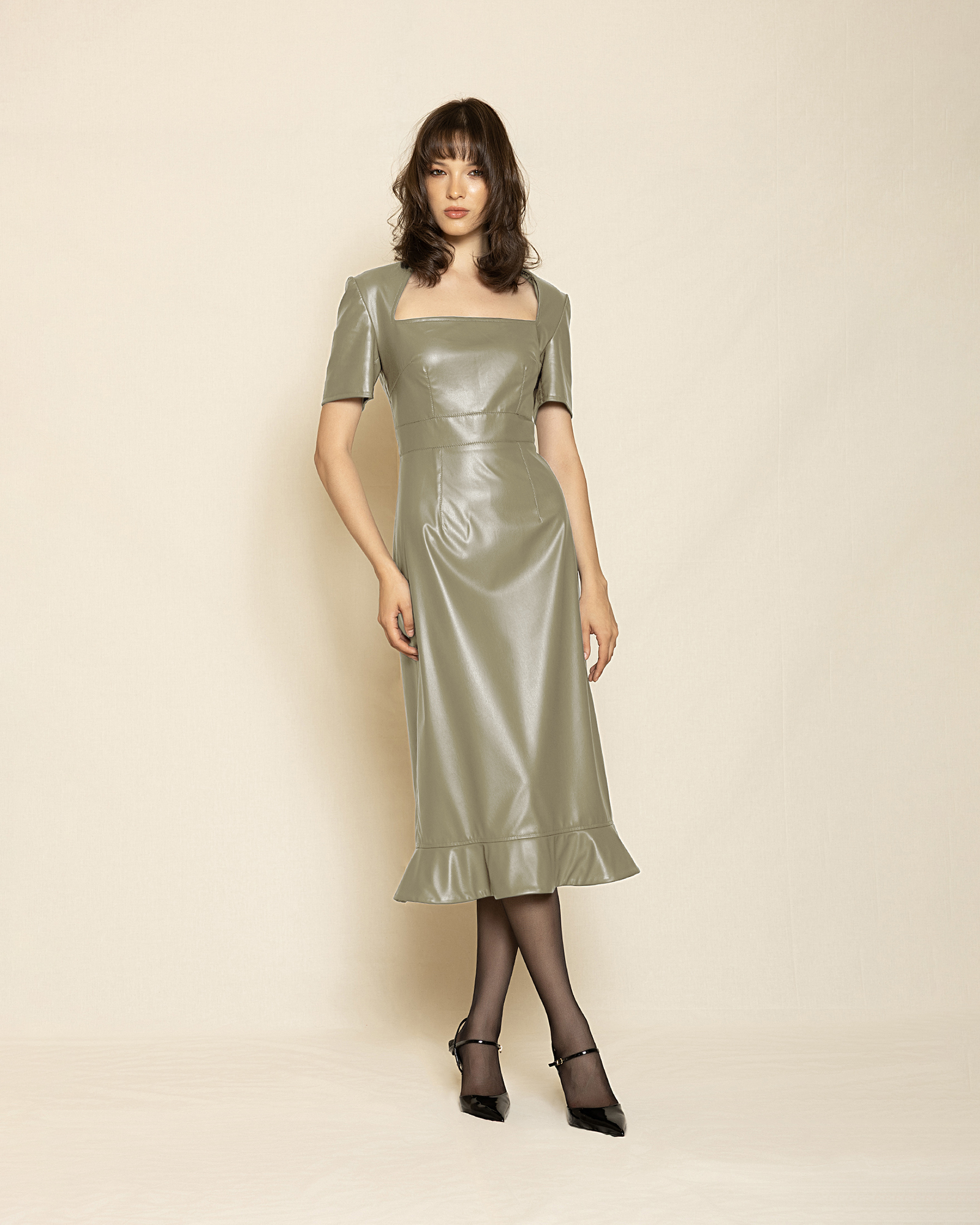 beige Midi Dress with Square Neckline ST-0121 Olive Green - Image 1