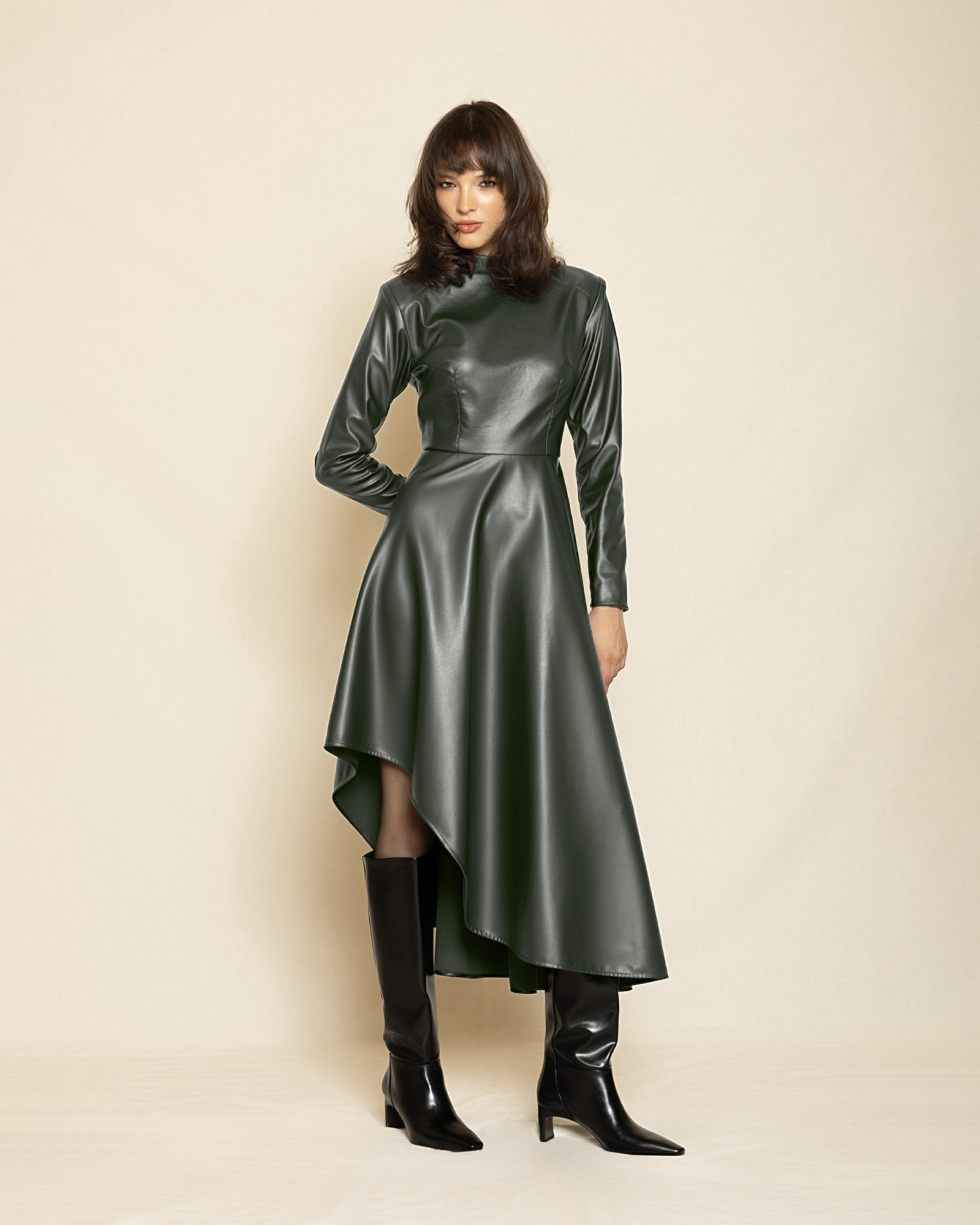 dark green High - Neck Leather Asymmetric Dress ST-0120 Green - Image 1