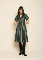 Leather Shirt Dress with Flared Hem ST-0128 Olive Green - Image 4