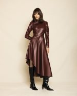 High - Neck Leather Asymmetric Dress ST-0120 Bordo