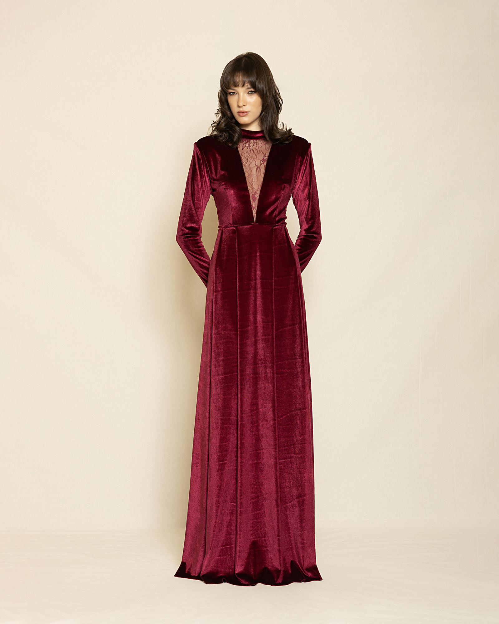 stefanoudakis_2025090615727 Velvet Maxi Dress with Lace Detail ST-0119 Burgundy - Image 1