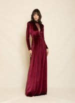 Velvet Maxi Dress with Lace Detail ST-0119 Burgundy - Image 2
